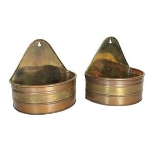 Vintage MCM Set Of 2 Banded Copper & Brass Farmhouse Wall Pocket Planter